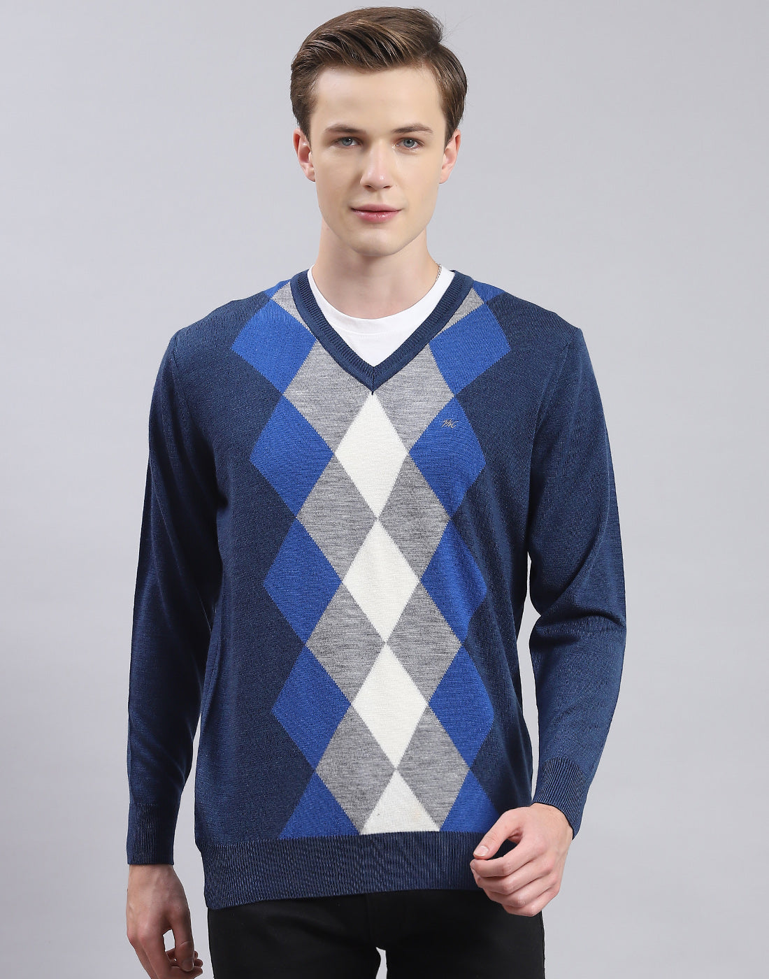 Men Blue Self Design V Neck Full Sleeve Sweater
