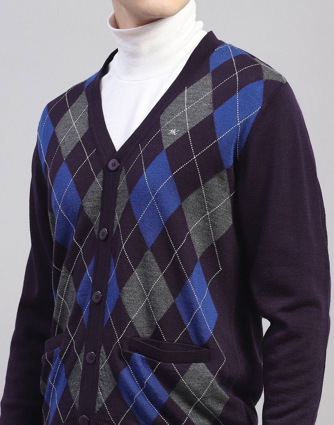 Men Navy Blue Self Design V Neck Full Sleeve Cardigan