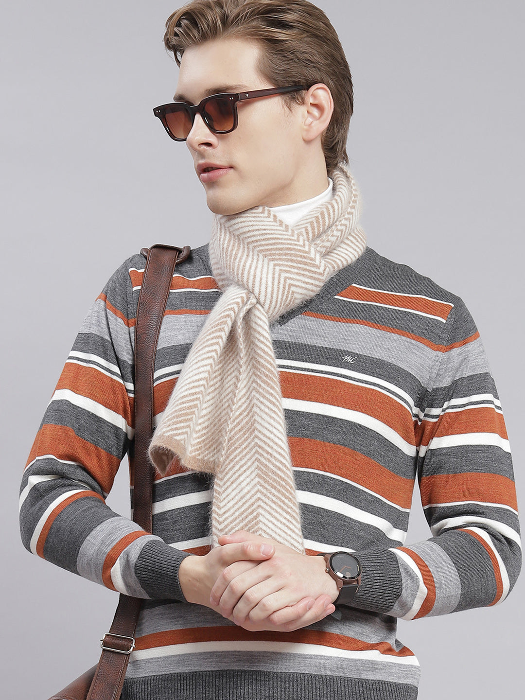 Men Grey Stripe V Neck Full Sleeve Sweaters/Pullovers
