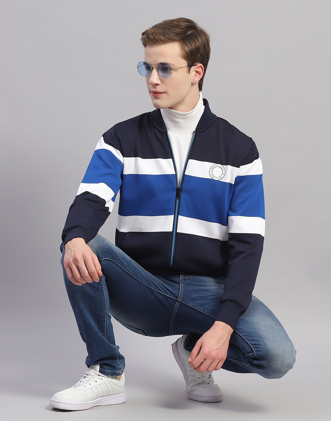 Men Navy Blue Stripe Mandarin Collar Full Sleeve Pullover
