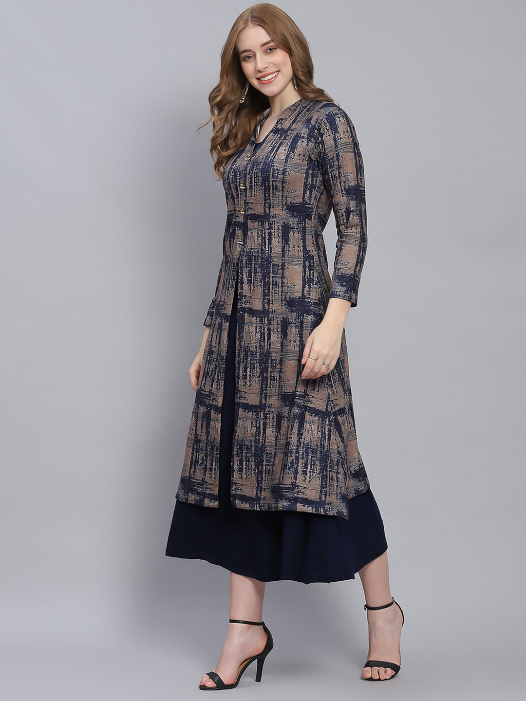 Women Navy Blue Self Design V Neck Full Sleeve Kurtis Set
