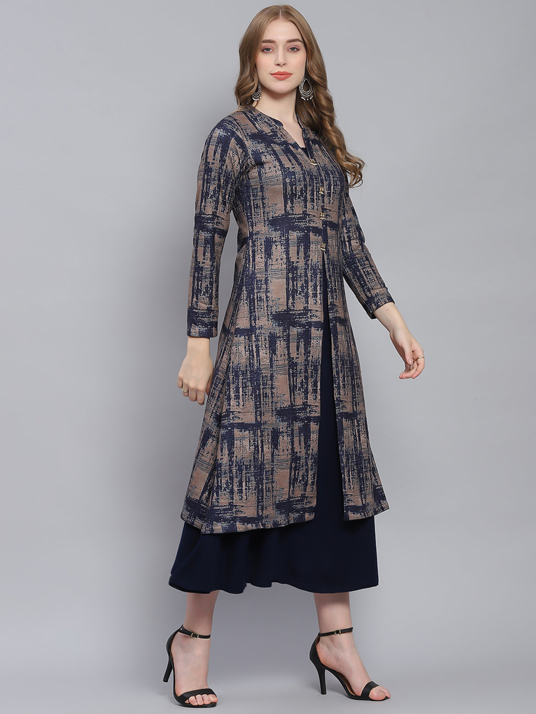 Women Navy Blue Self Design V Neck Full Sleeve Kurtis Set