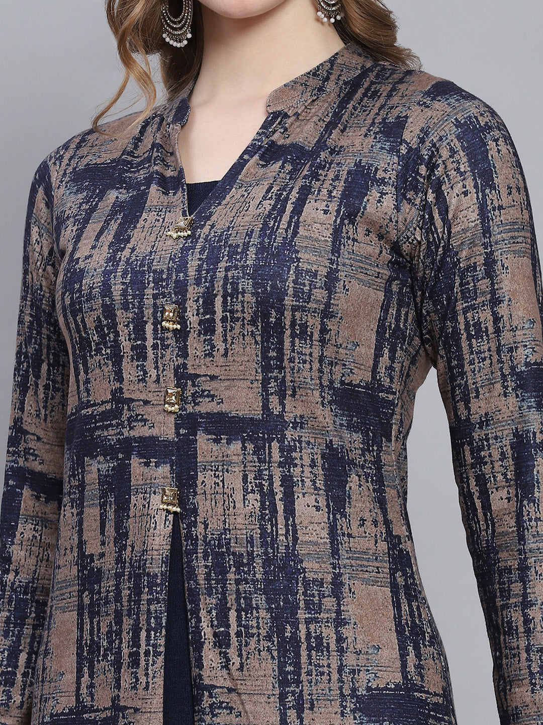 Women Navy Blue Self Design V Neck Full Sleeve Kurtis Set