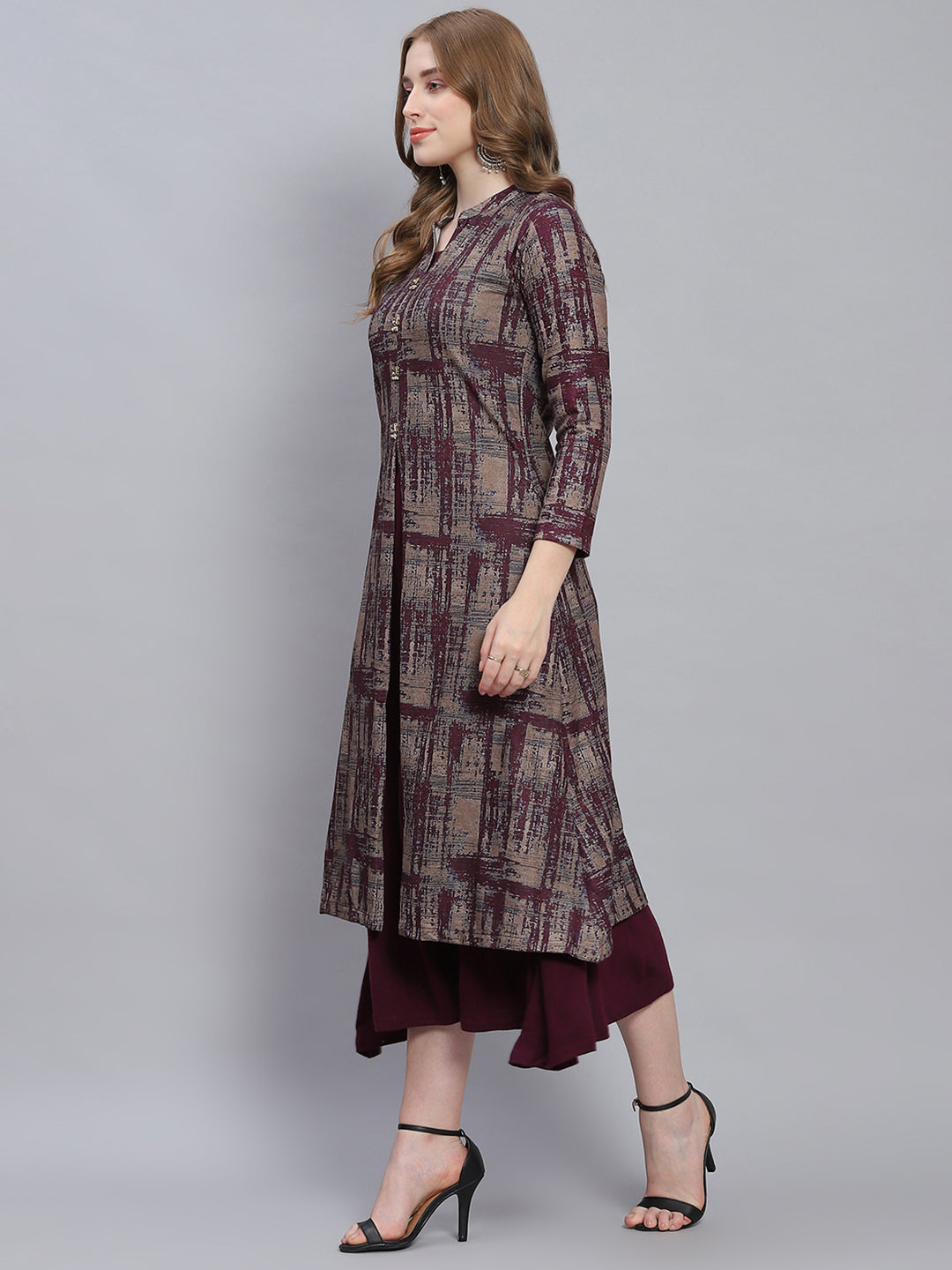 Women Maroon Self Design V Neck Full Sleeve Kurtis Set