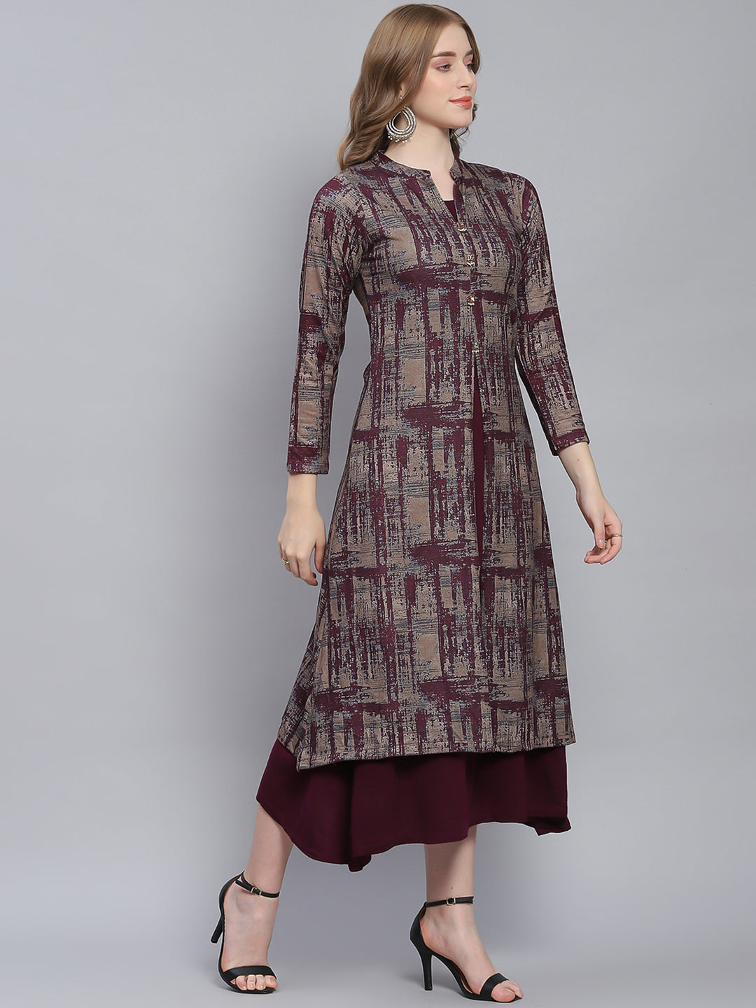 Women Maroon Self Design V Neck Full Sleeve Kurtis Set