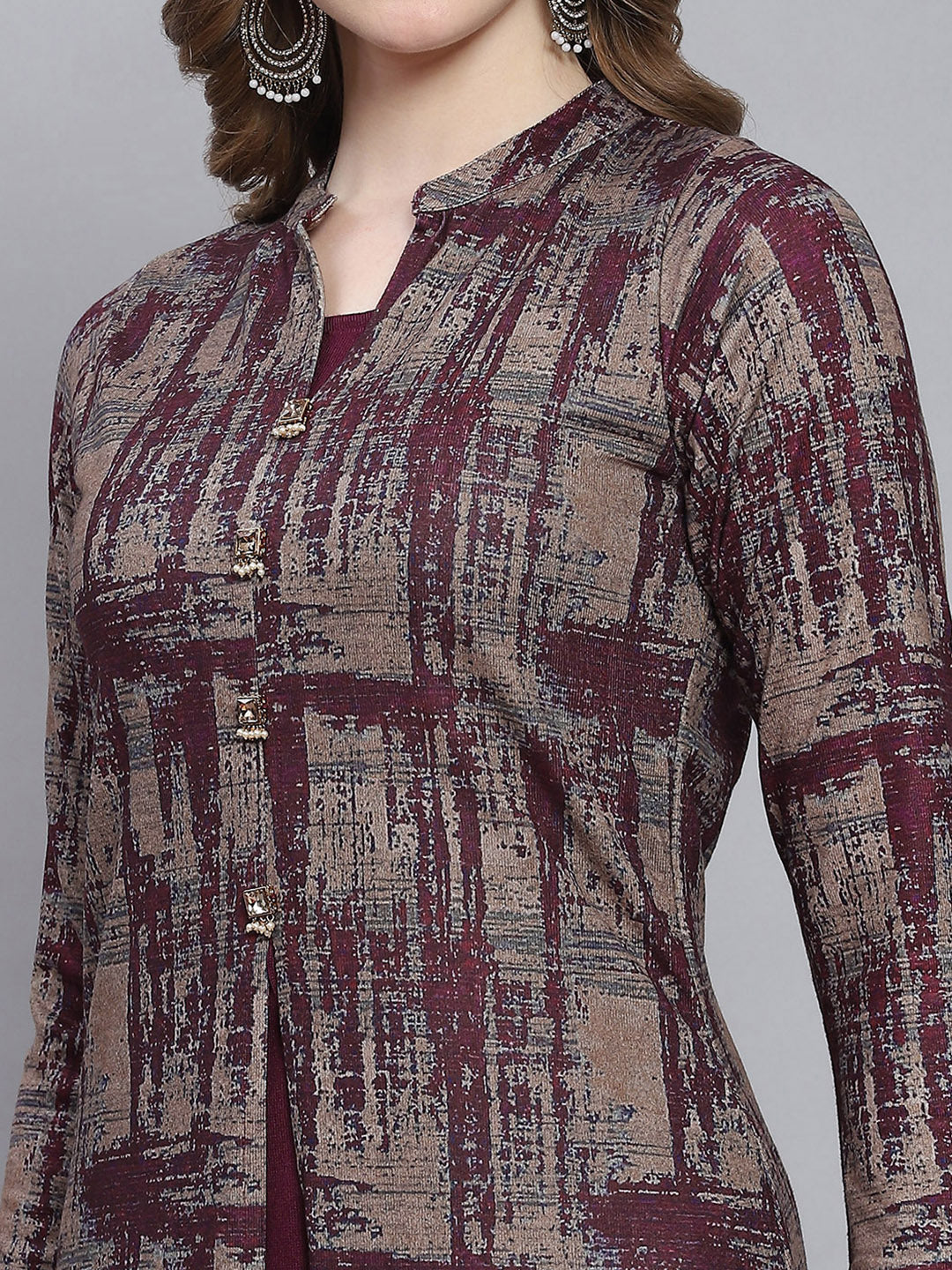 Women Maroon Self Design V Neck Full Sleeve Kurtis Set