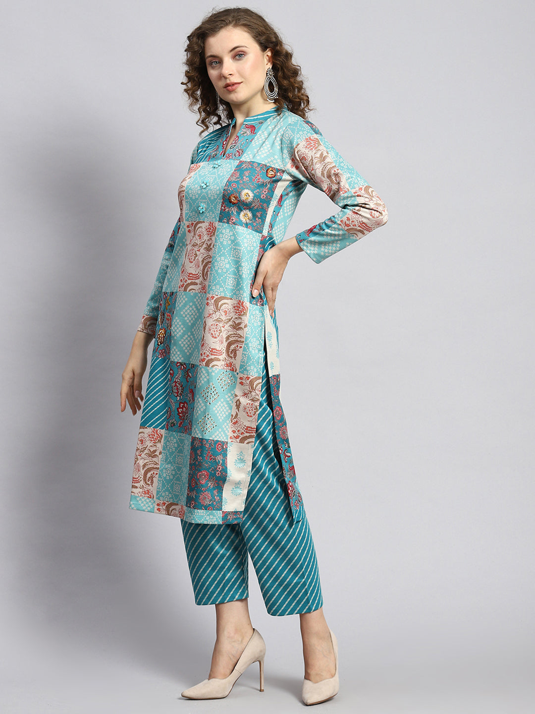 Women Blue Self Kurti+Lower Set