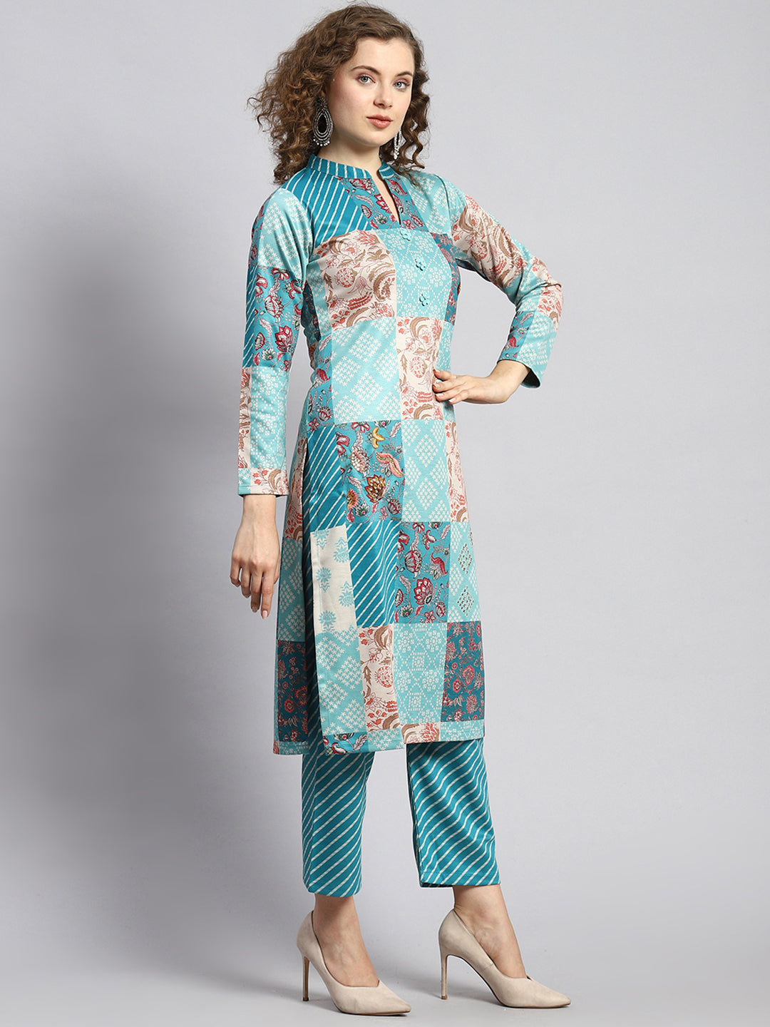Women Blue Self Kurti+Lower Set