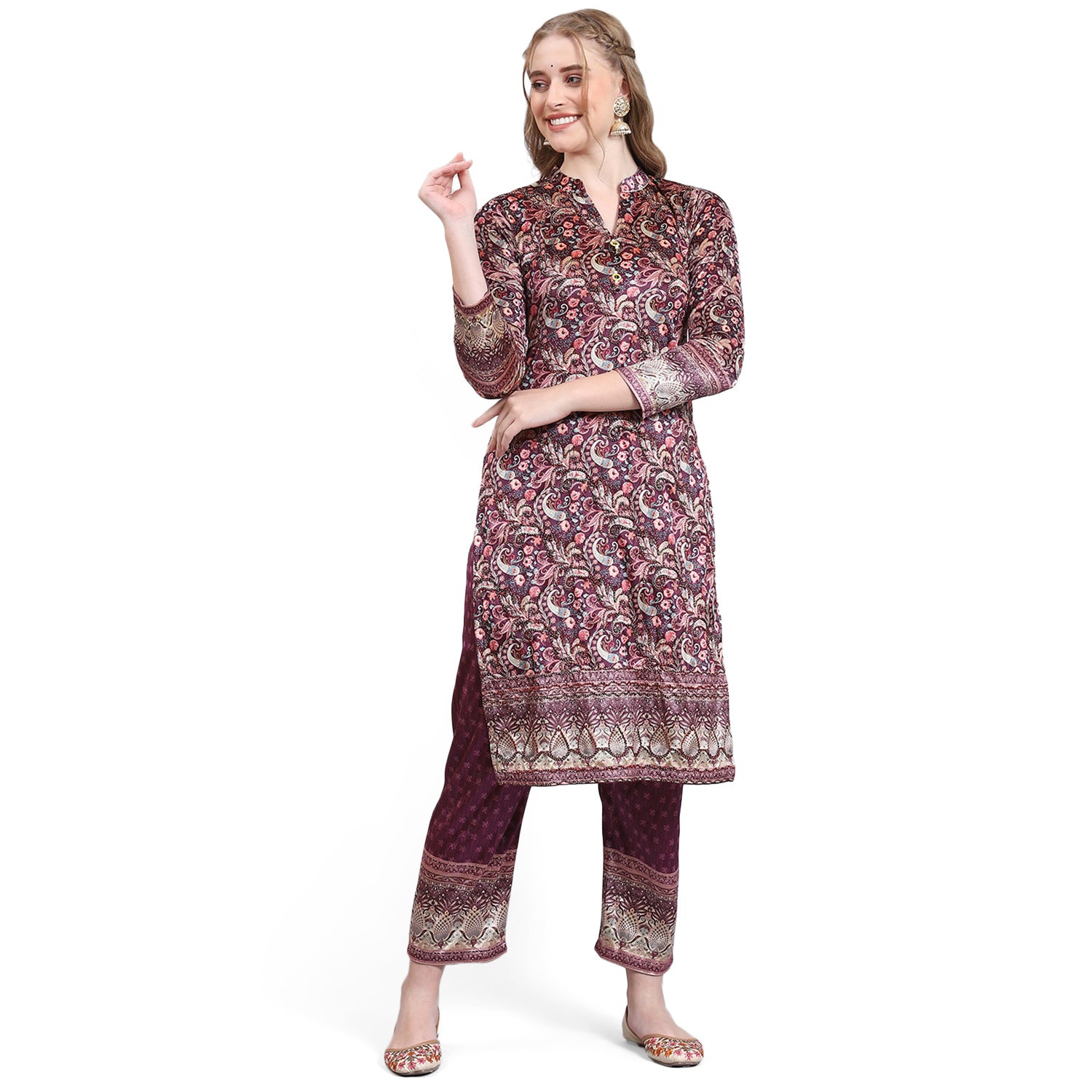 Women Purple Printed Mandarin Collar 3/4th Sleeve Kurtis Set