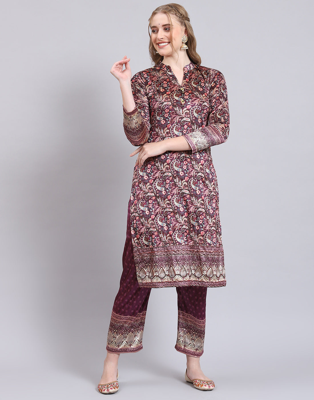 Women Purple Printed Mandarin Collar 3/4th Sleeve Kurtis Set