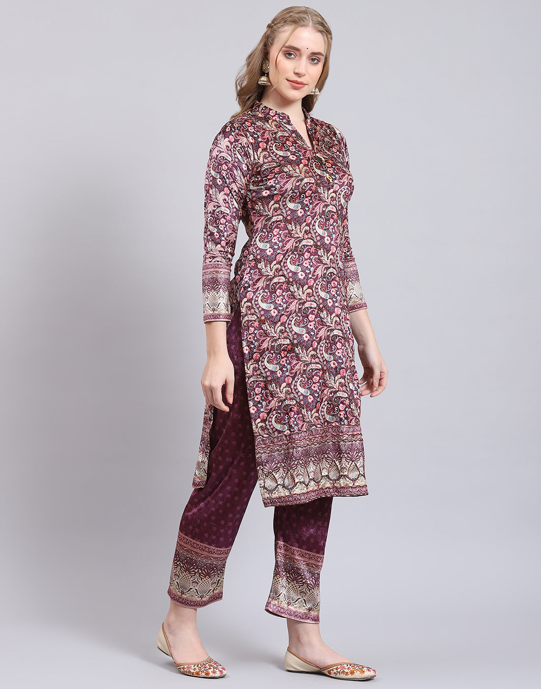 Women Purple Printed Mandarin Collar 3/4th Sleeve Kurtis Set
