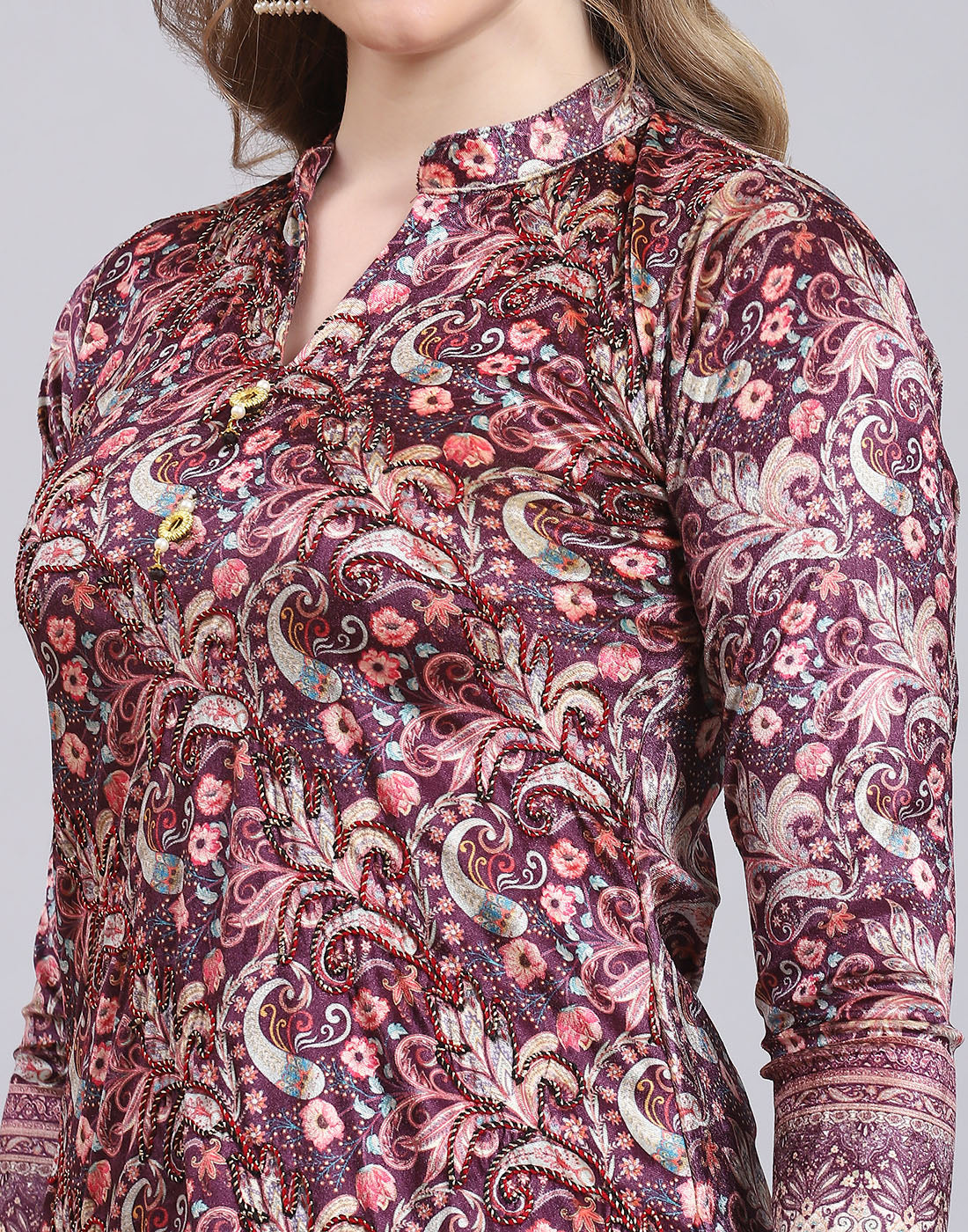 Women Purple Printed Mandarin Collar 3/4th Sleeve Kurtis Set