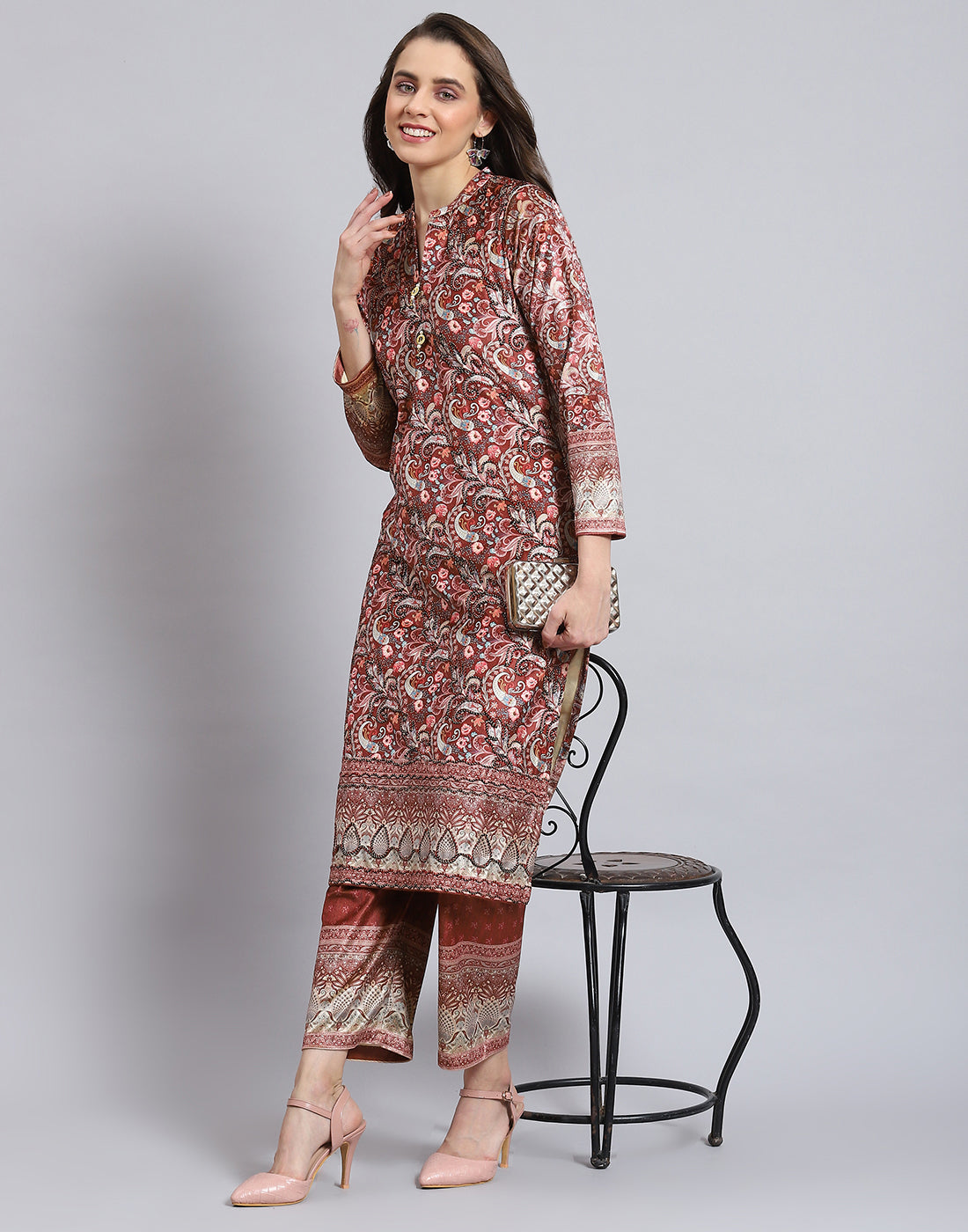 Women Rust Printed Mandarin Collar 3/4th Sleeve Kurtis Set