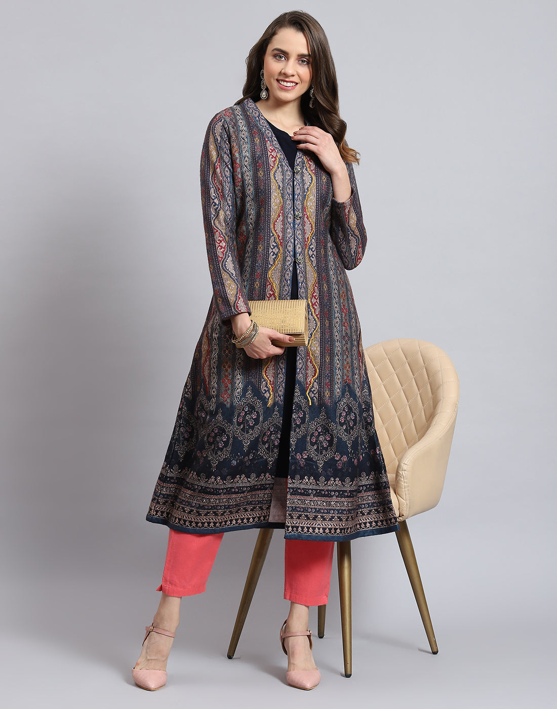 Women Teal Blue Printed V Neck Full Sleeve Kurti + Inner Set