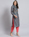 Women Teal Blue Printed Mandarin Collar Full Sleeve Kurtis Set