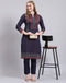 Women Navy Blue Printed Collar Full Sleeve Kurtis Set
