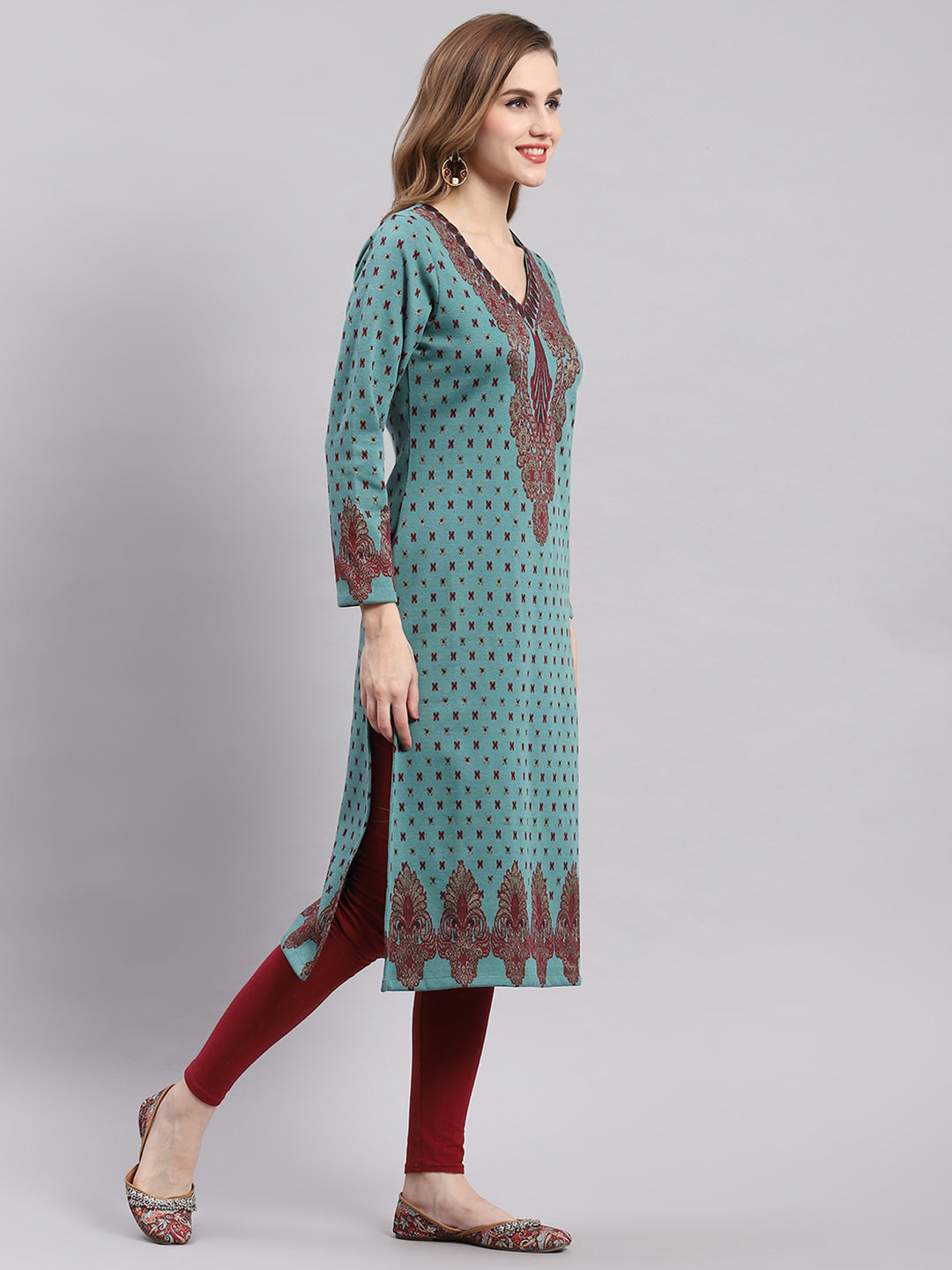 Women Teal Blue Printed V Neck Full Sleeve Kurtis