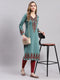 Women Teal Blue Printed V Neck Full Sleeve Kurtis