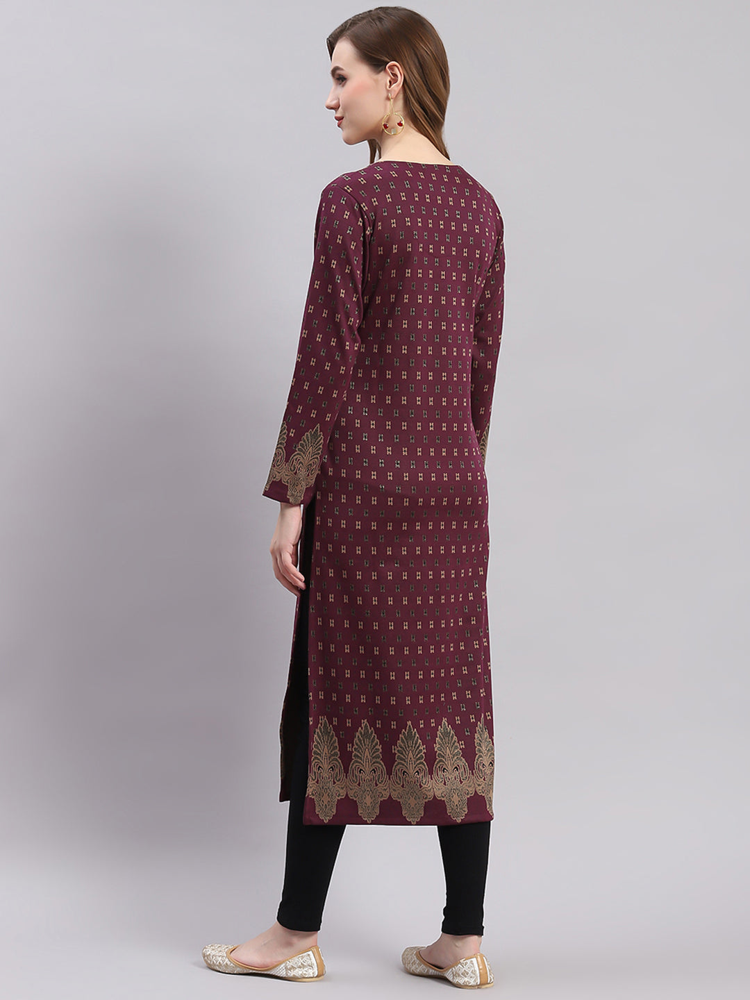 Women Maroon Printed V Neck Full Sleeve Kurtis