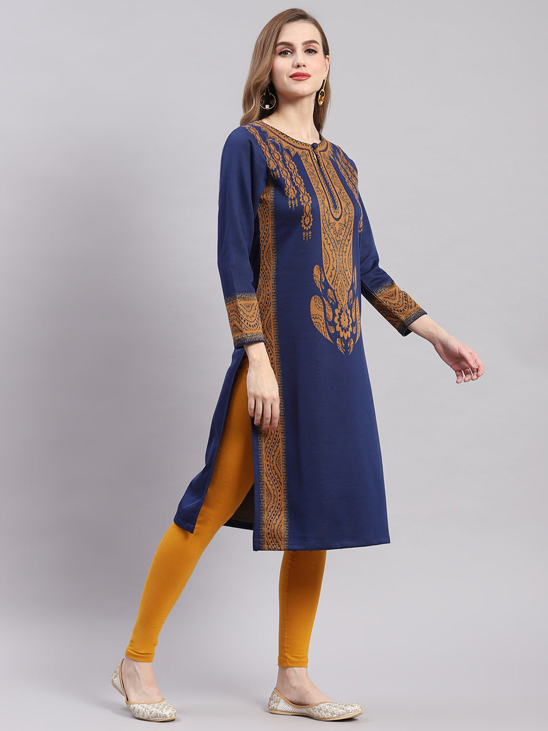 Women Blue Printed Round Neck Full Sleeve Kurtis