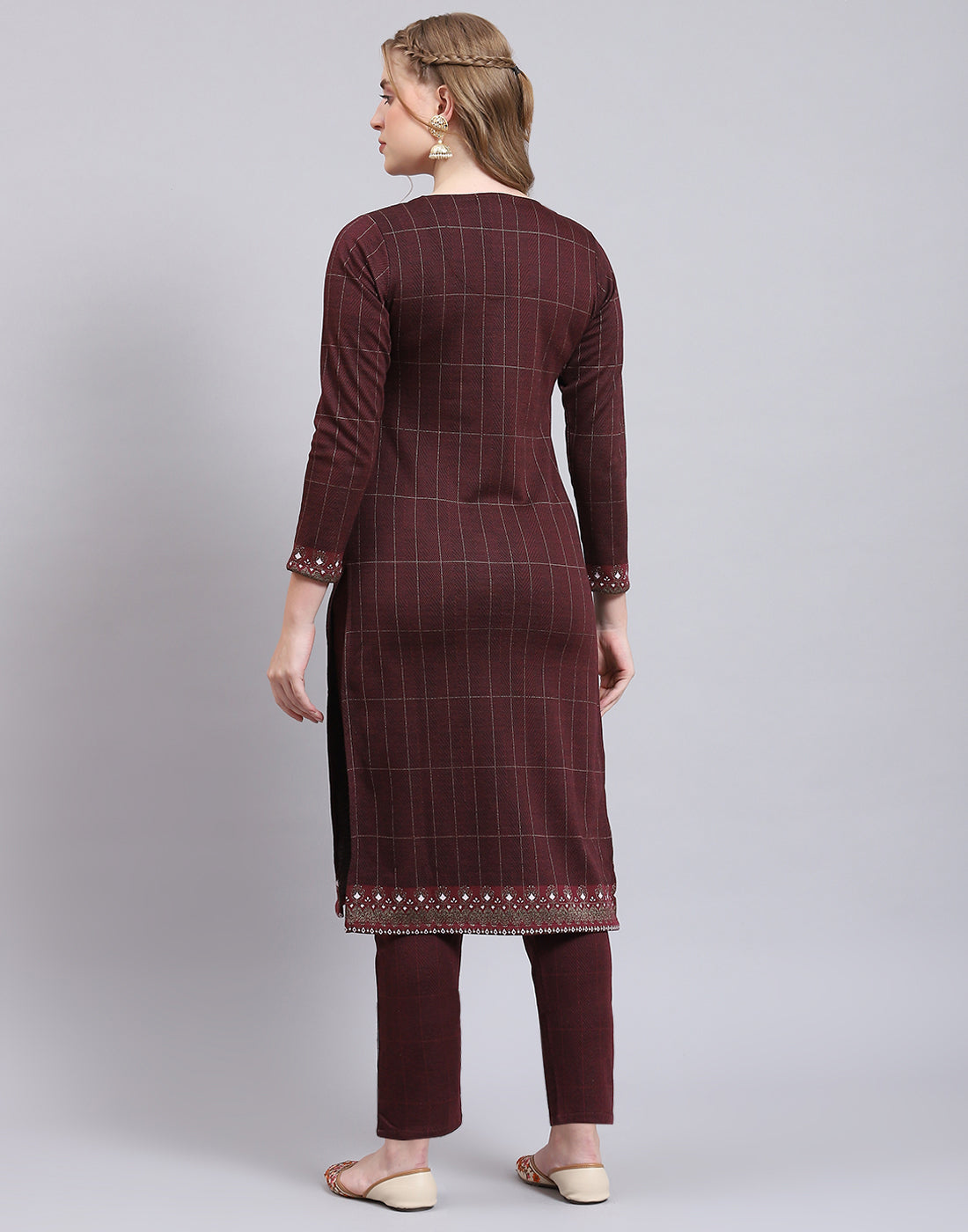 Women Maroon Printed Collar Full Sleeve Kurtis Set