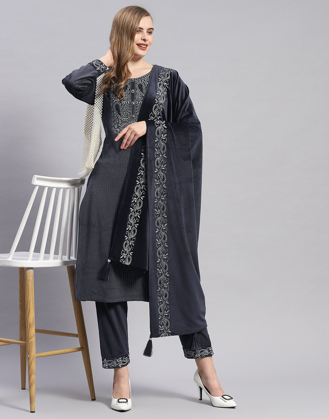 Women Navy Blue Self Design Round Neck Full Sleeve Kurti+Lower Set