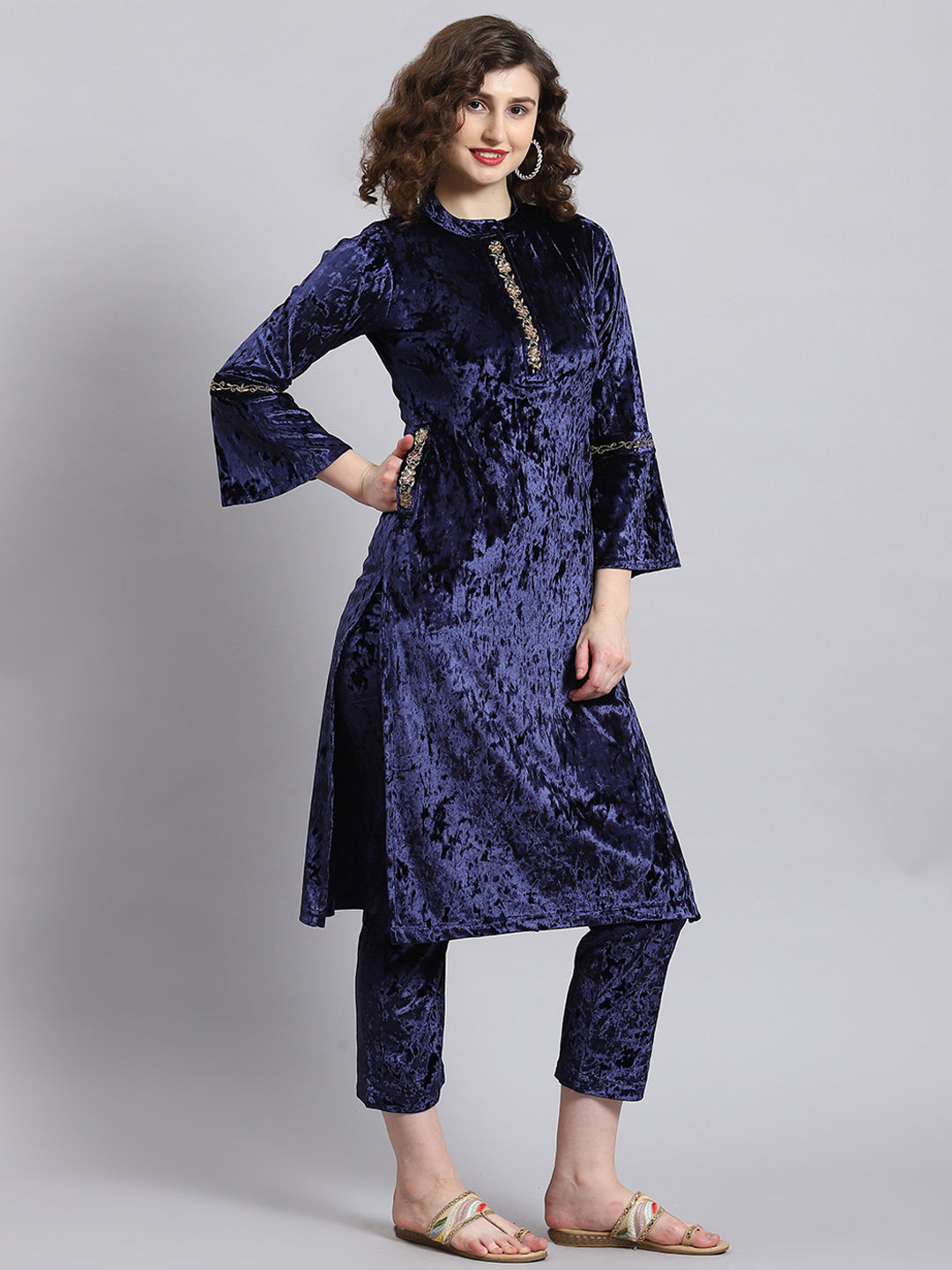 Women Navy Blue Solid Mock Collar Full Sleeve Kurtis Set