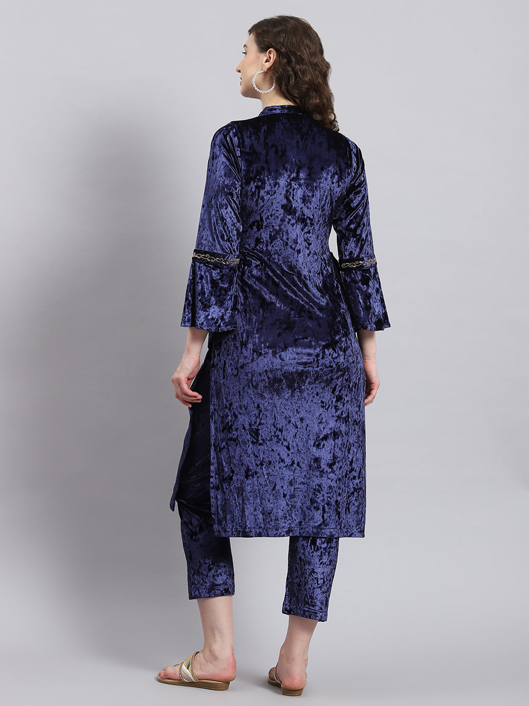 Women Navy Blue Solid Mock Collar Full Sleeve Kurtis Set