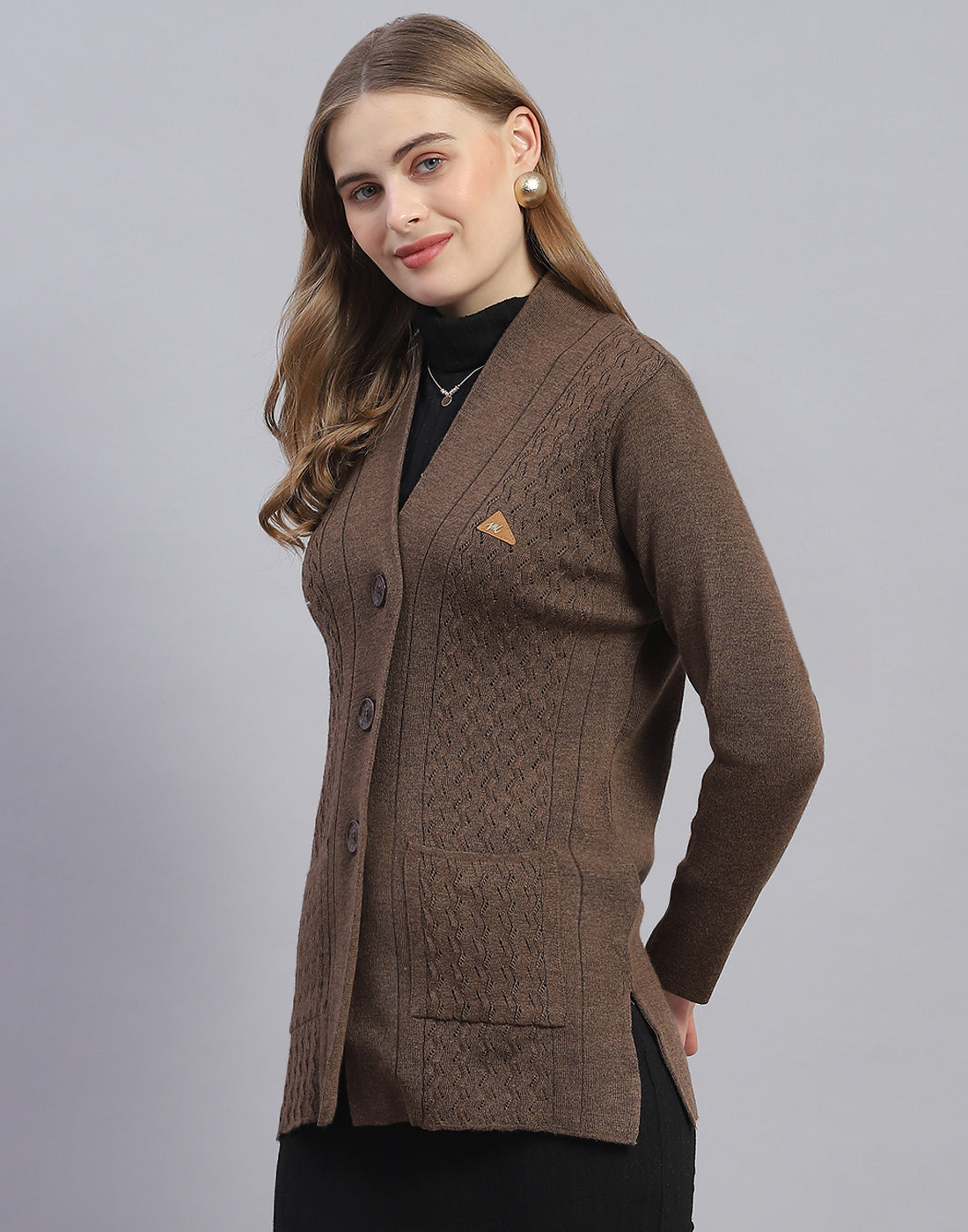 Women Brown Solid V Neck Full Sleeve Cardigan