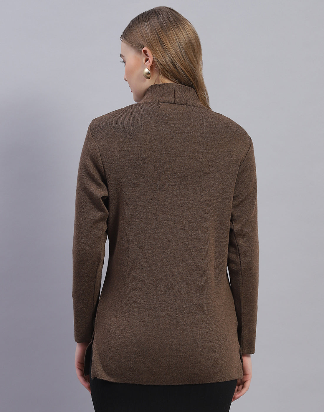 Women Brown Solid V Neck Full Sleeve Cardigan