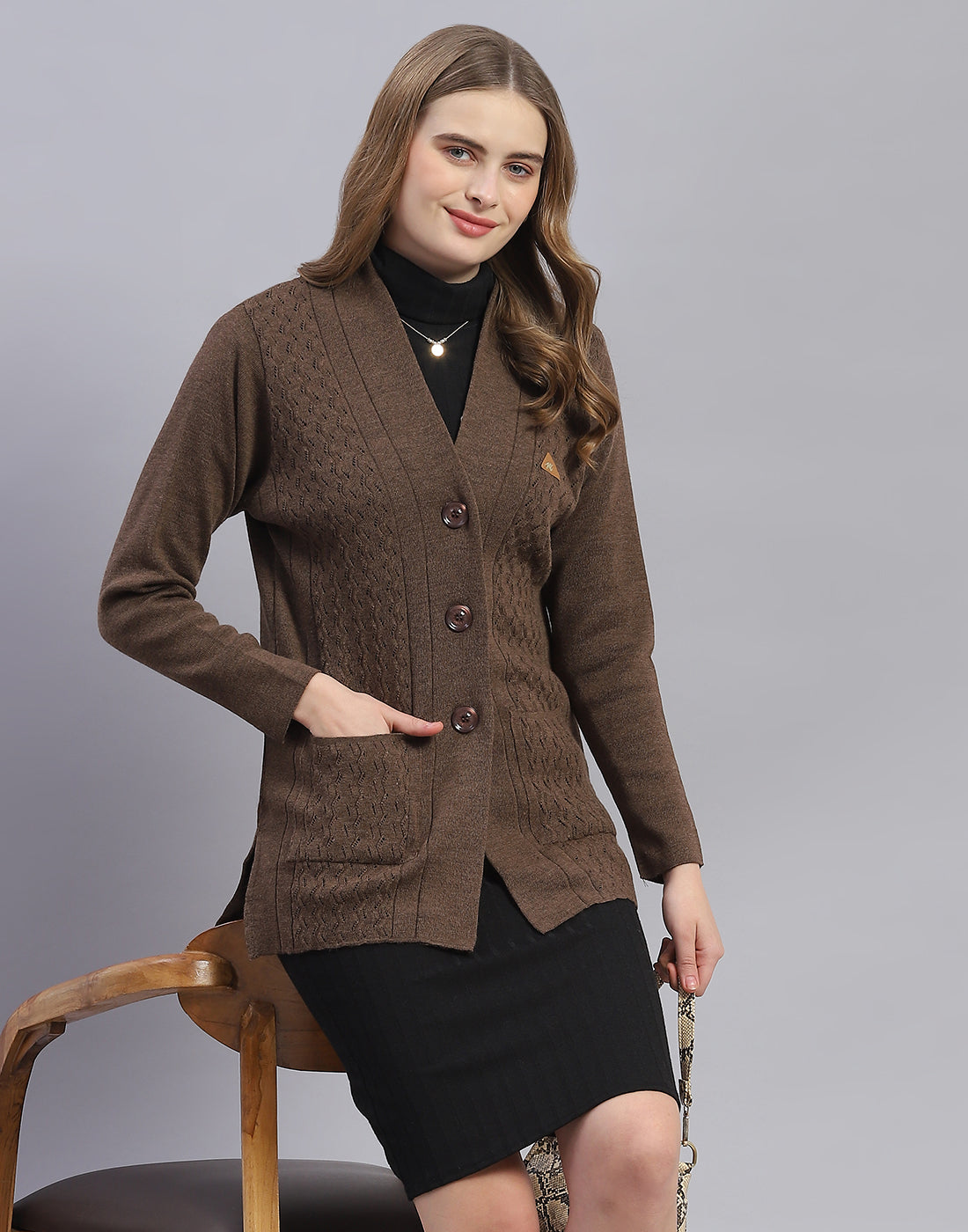 Women Brown Solid V Neck Full Sleeve Cardigan