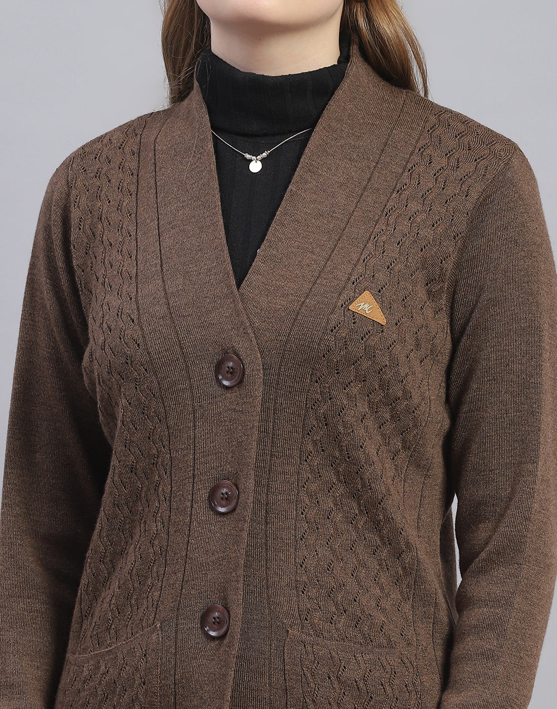 Women Brown Solid V Neck Full Sleeve Cardigan