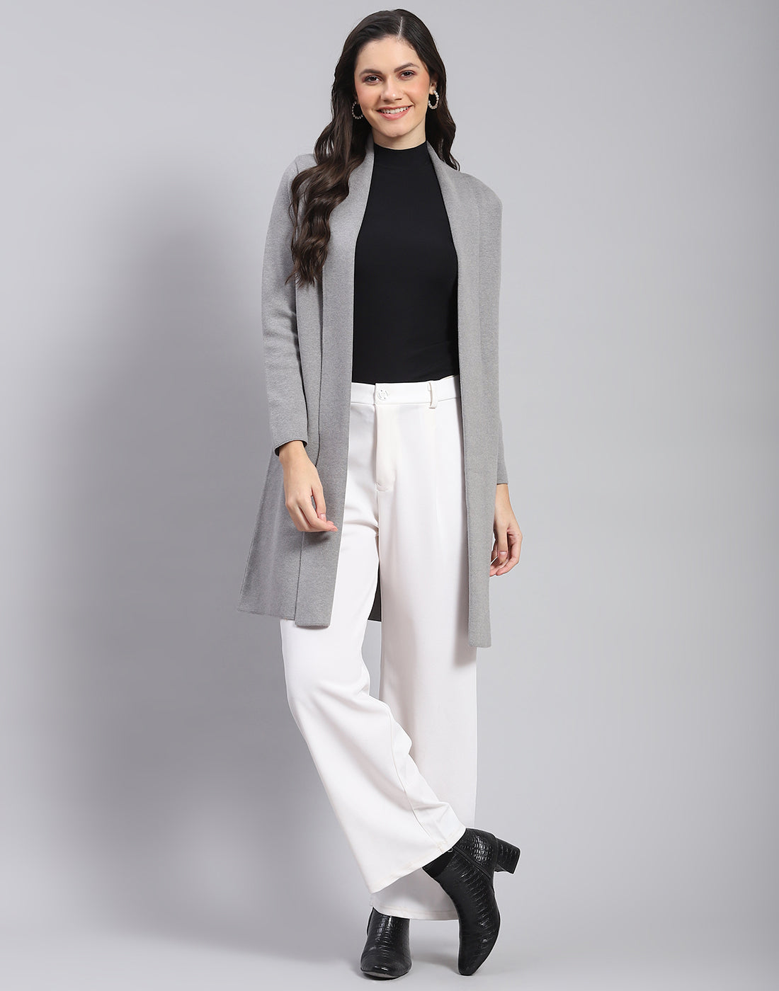 Women Grey Self Design Front Open Full Sleeve Cardigan