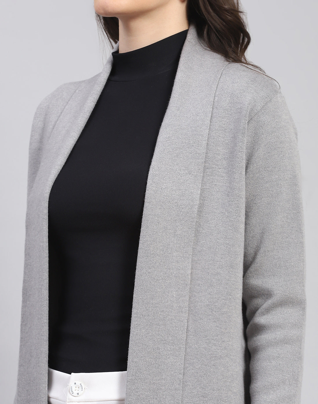 Women Grey Self Design Front Open Full Sleeve Cardigan