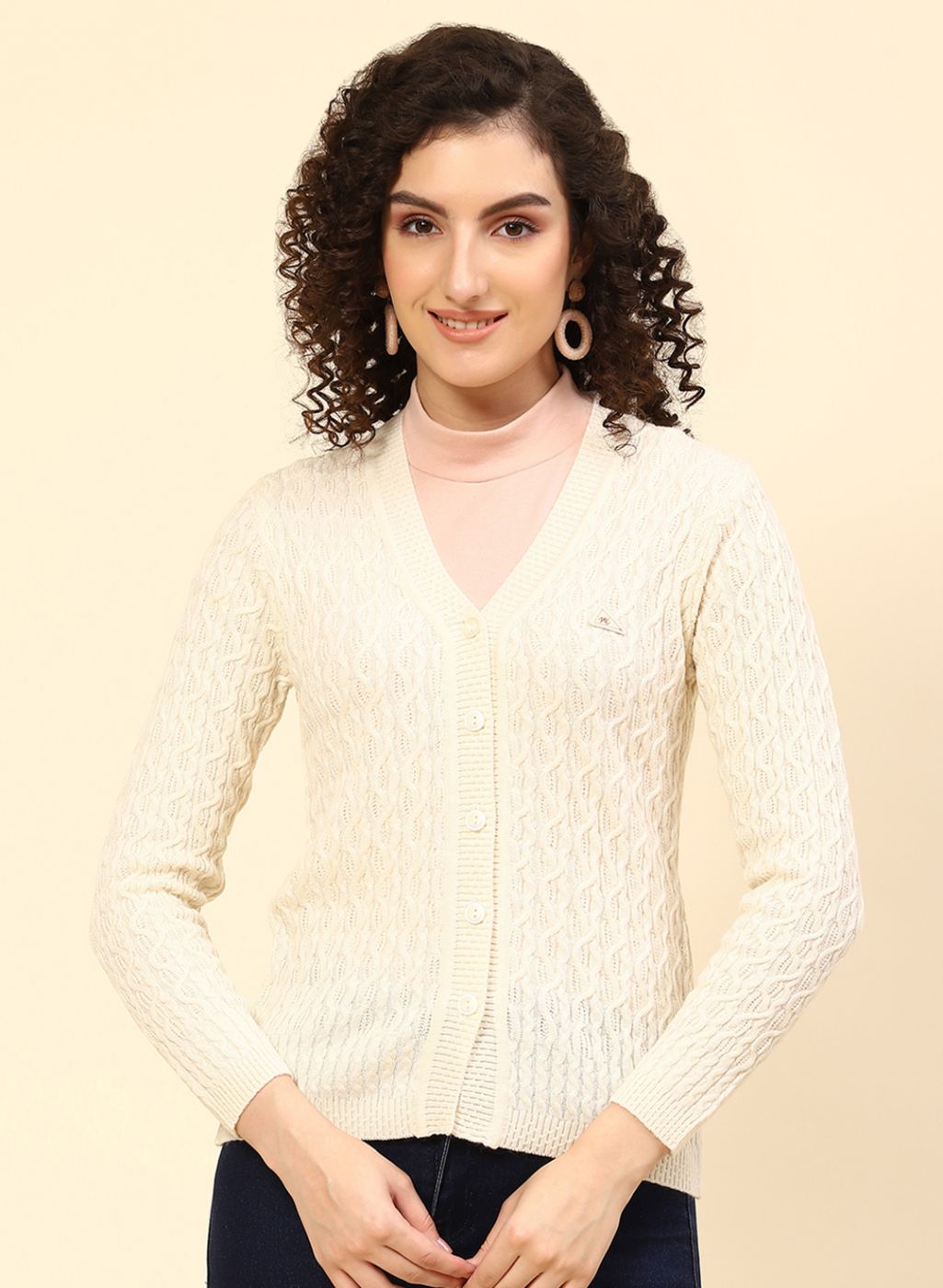 Women Cream Self Design Wool blend Cardigan