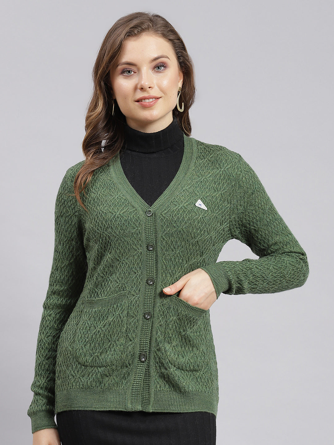 Women Green Self Design Wool blend Cardigan