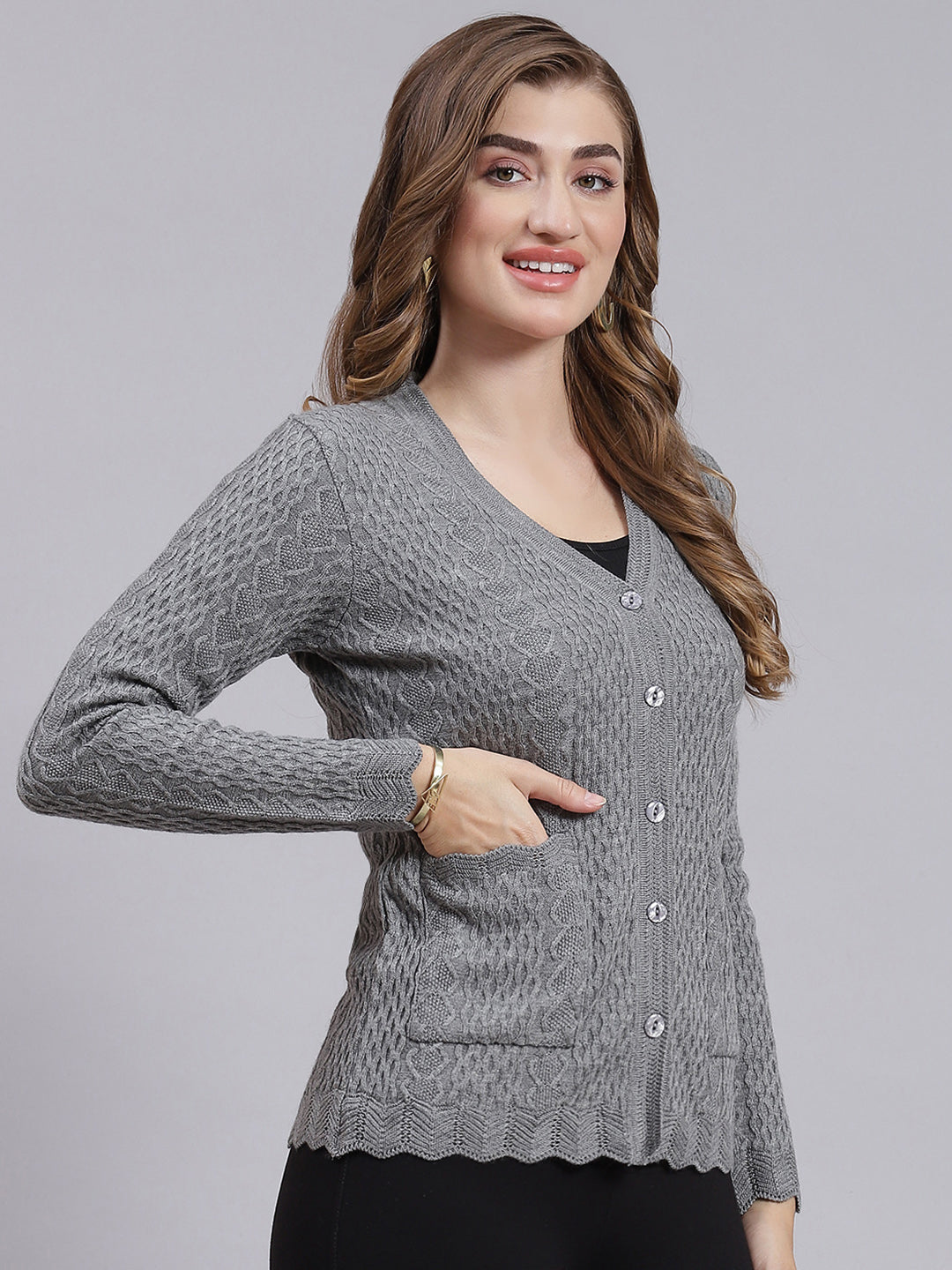 Women Grey Self Design Wool blend Cardigan