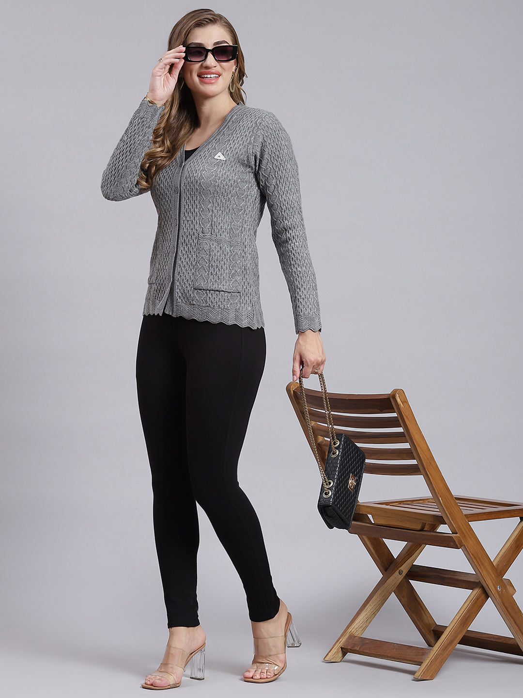 Women Grey Self Design Wool blend Cardigan