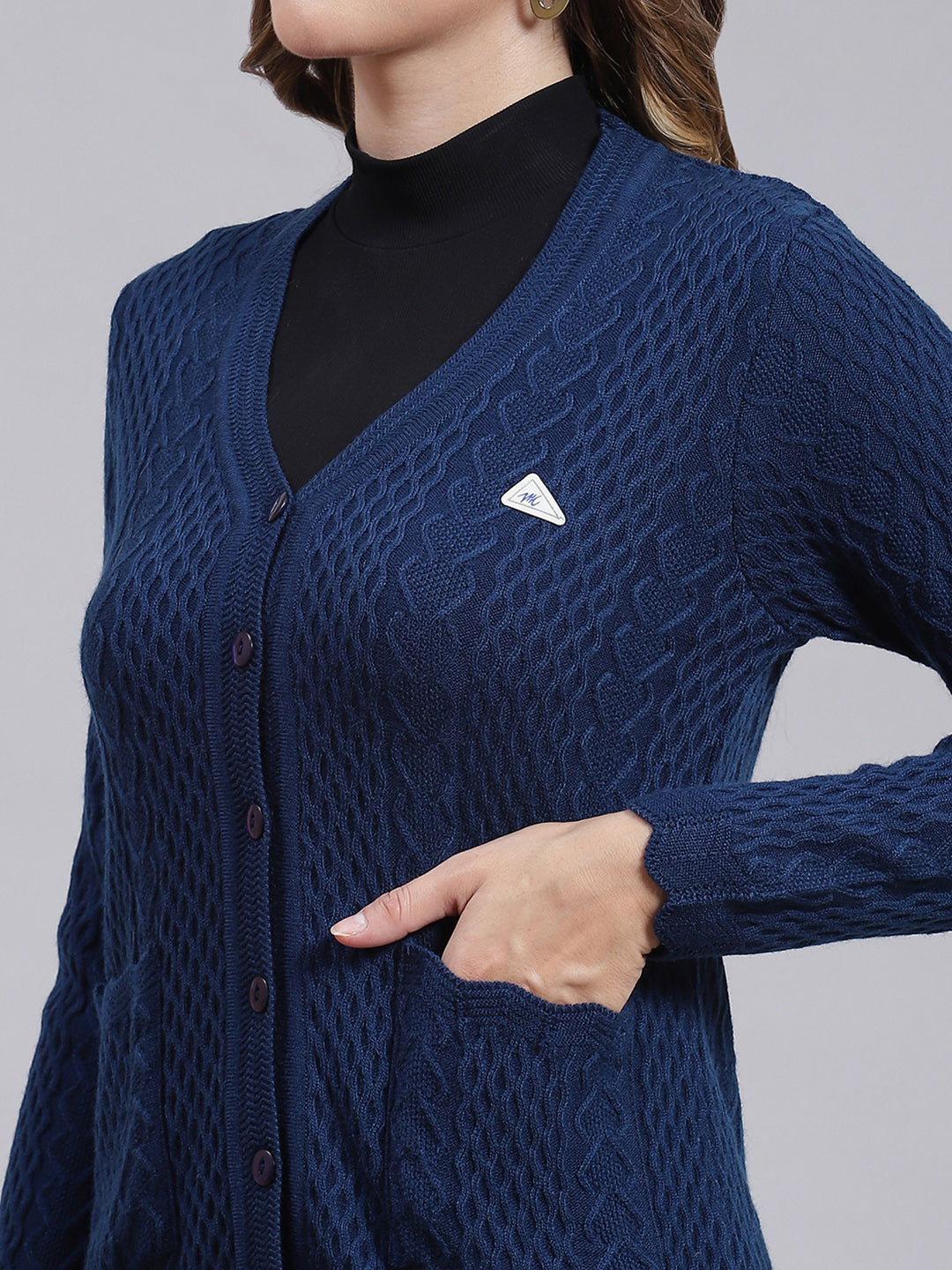 Women Blue Self Design Wool blend Cardigan