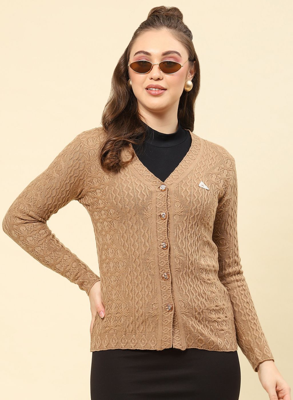 Women Camel Brown Self Design Blend wool Cardigan