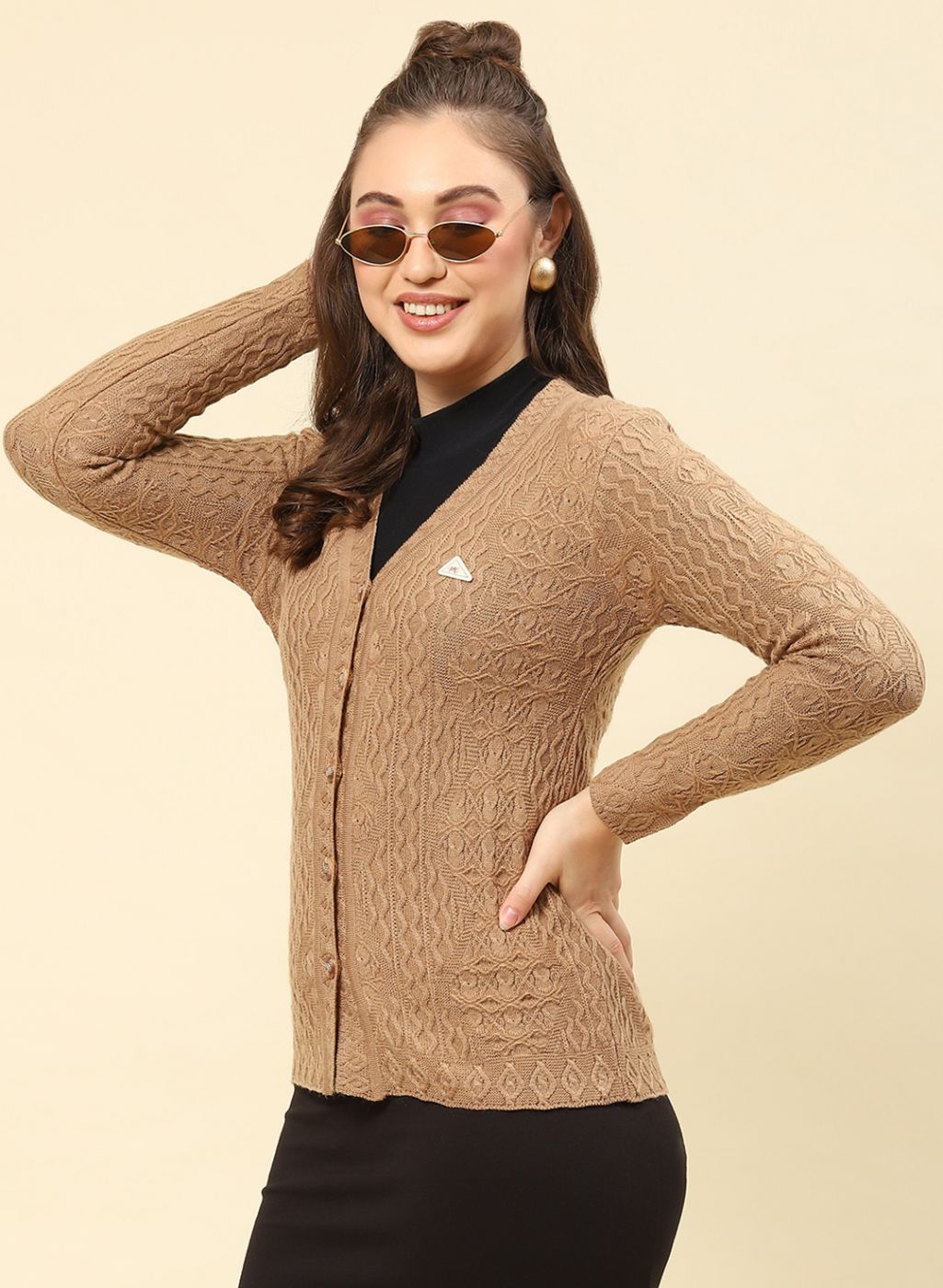 Women Camel Brown Self Design Blend wool Cardigan