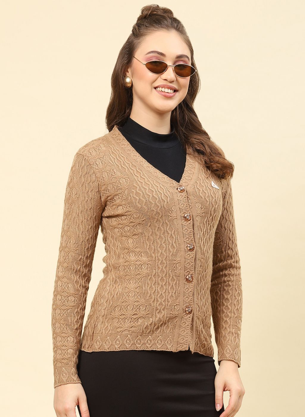 Women Camel Brown Self Design Blend wool Cardigan