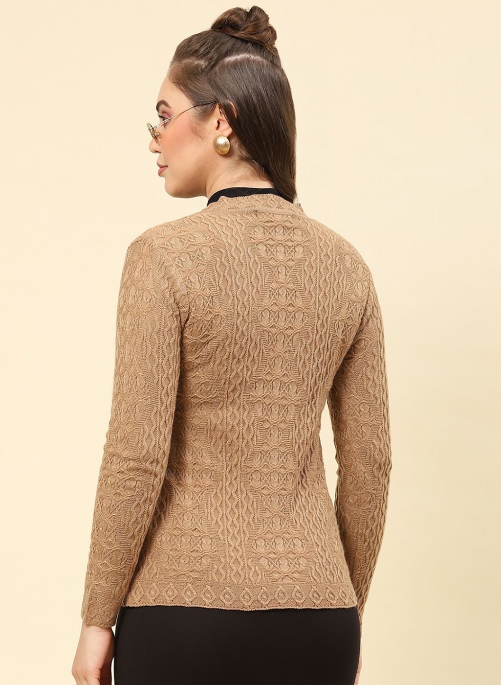 Women Camel Brown Self Design Blend wool Cardigan