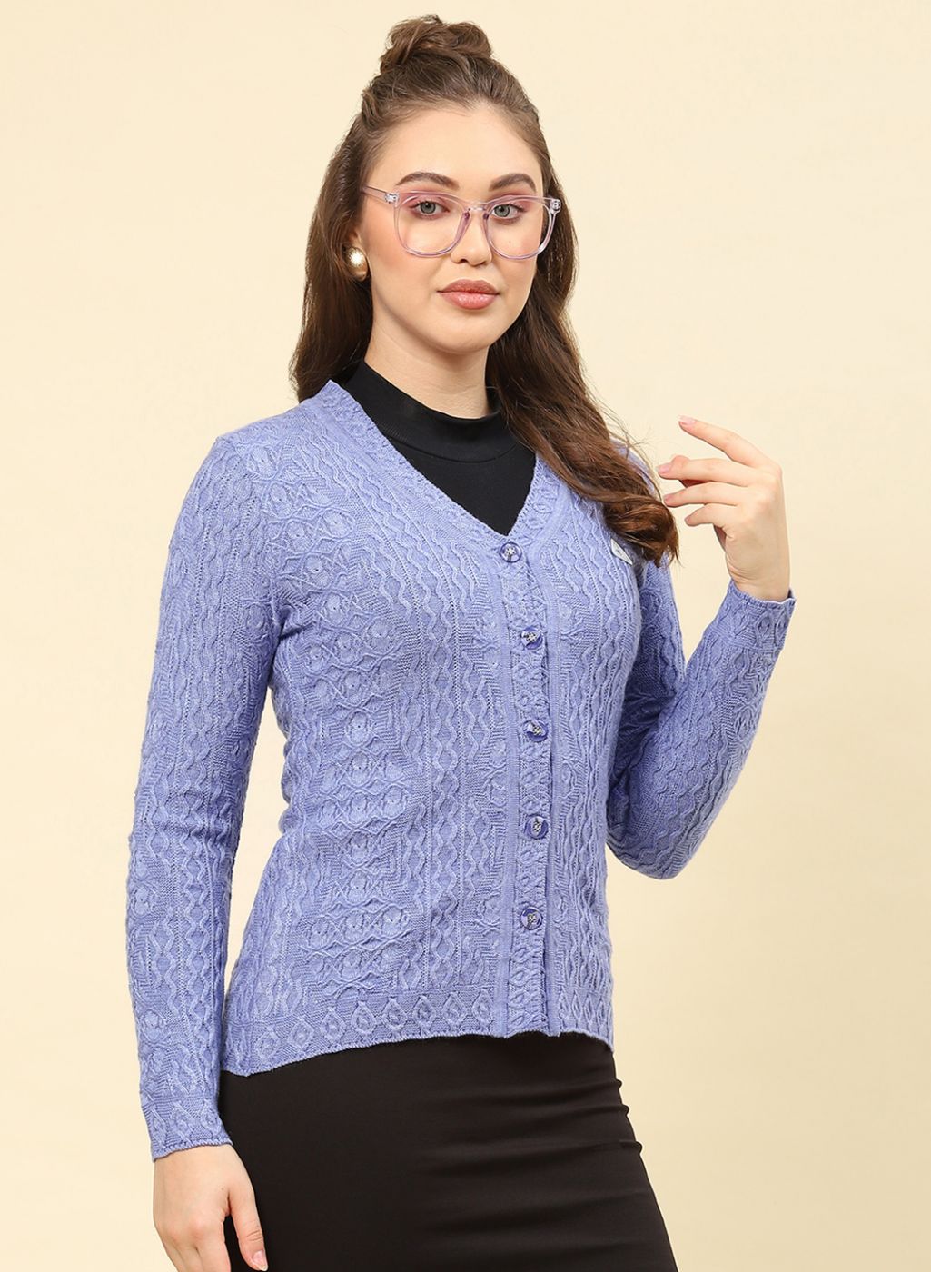 Women Purple Self Design Blend wool Cardigan