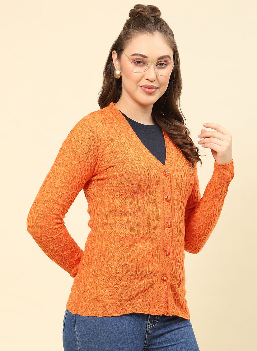 Women Orange Self Design Blend wool Cardigan
