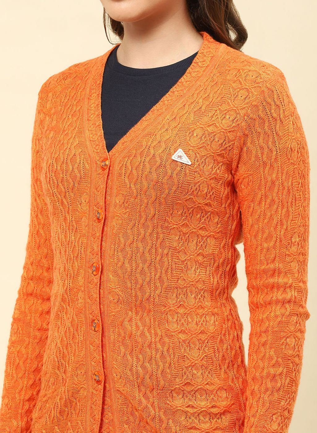 Women Orange Self Design Blend wool Cardigan