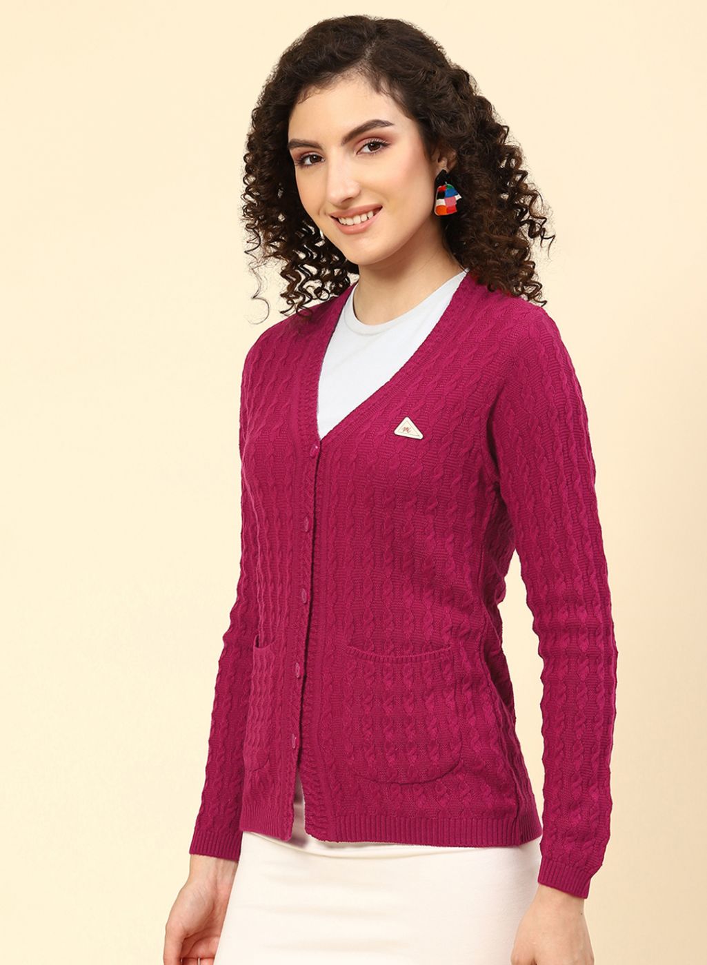 Women Dark Pink Self Design Wool blend Cardigan
