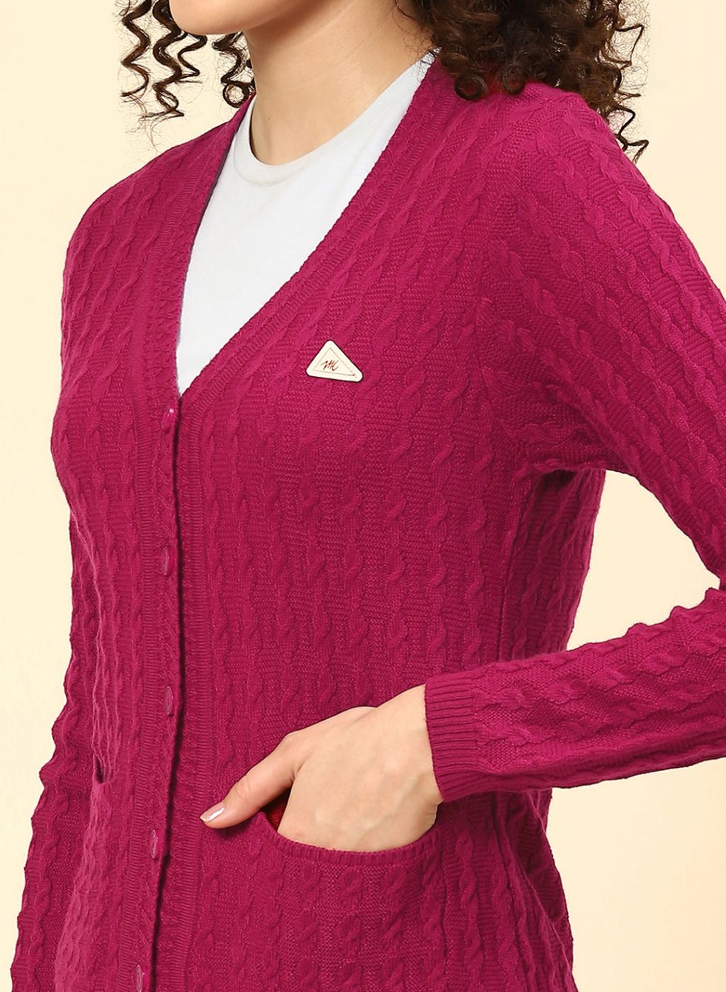 Women Dark Pink Self Design Wool blend Cardigan