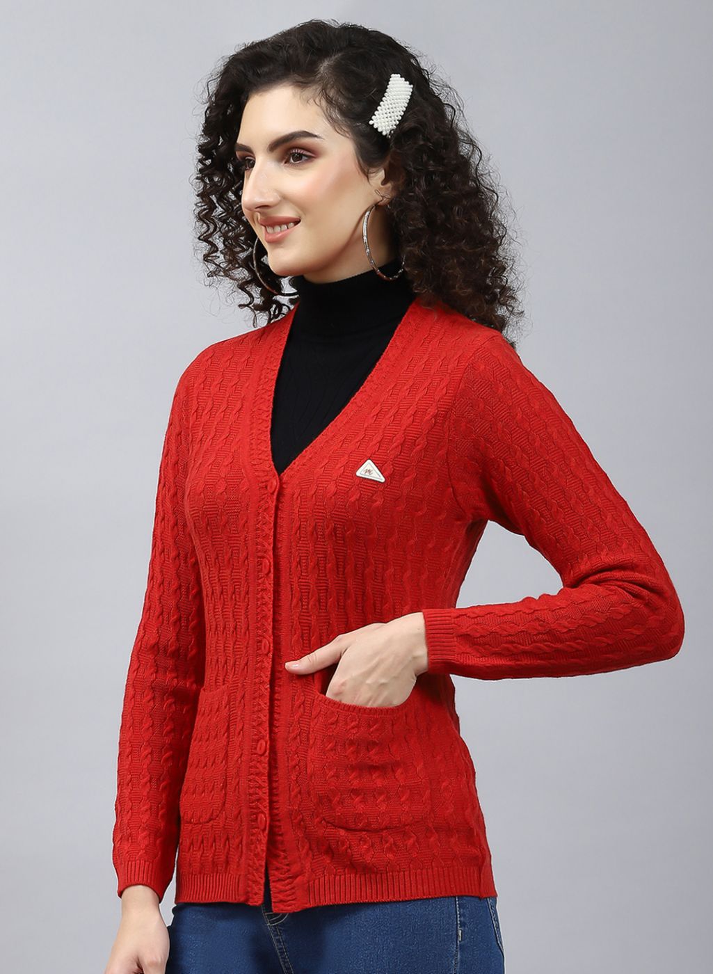 Women Red Self Design Wool blend Cardigan