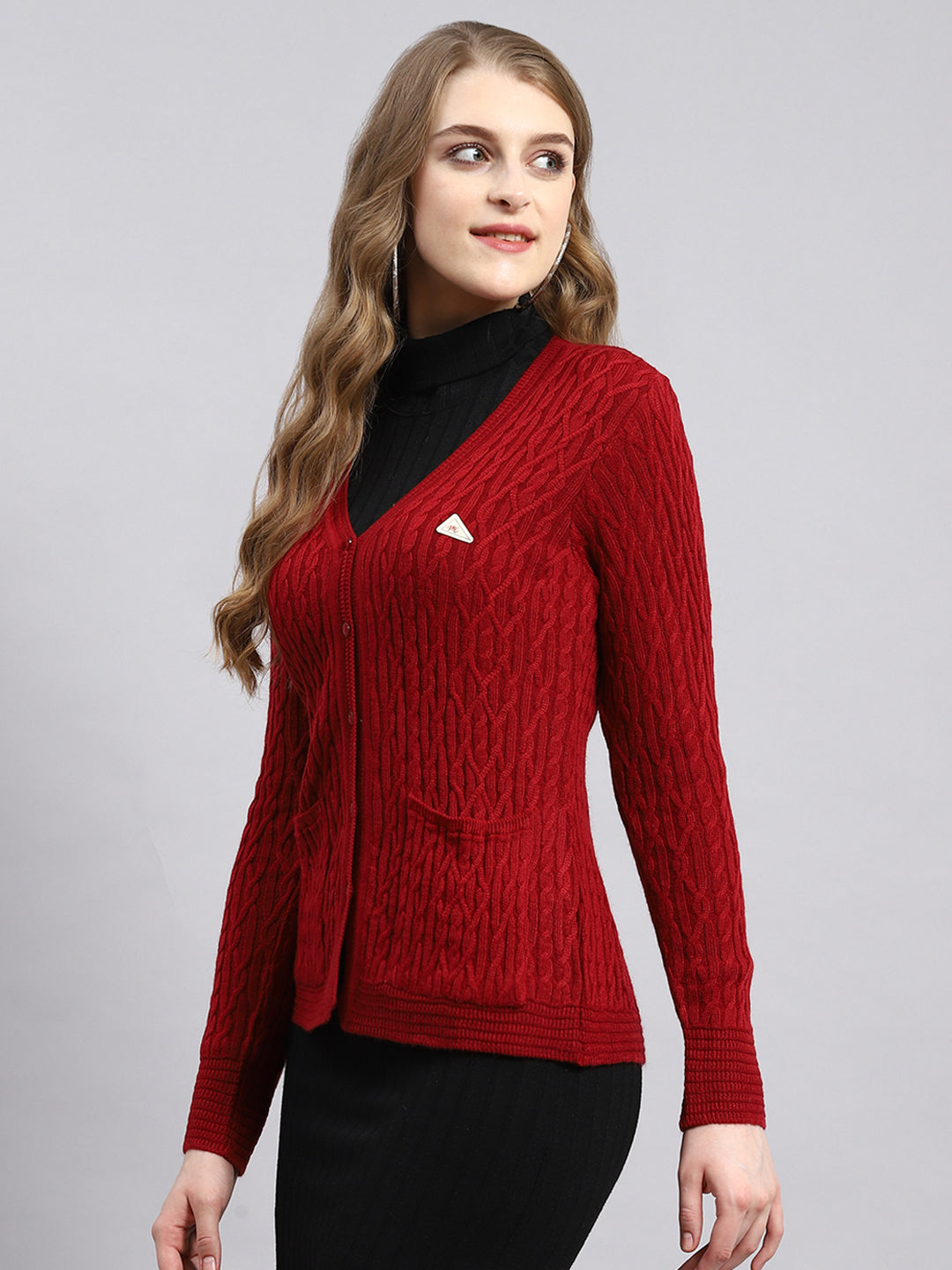 Women Red Self Cardigan